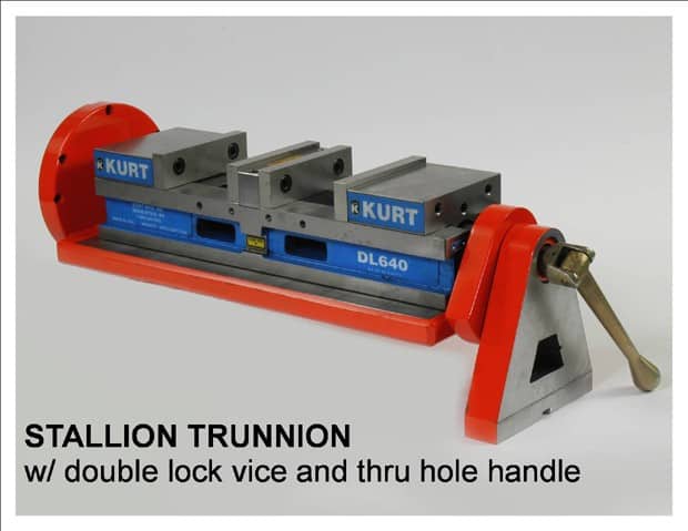 Red and gray stallion trunnion with blue labels on a white background featuring double-lock vice and thru-hole handles.