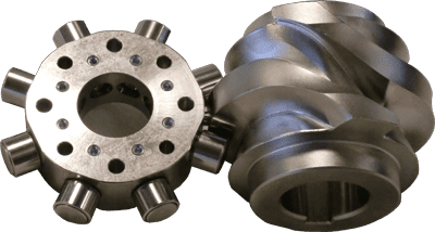 Globoidal cam with curved surfaces rotating around a central axis.