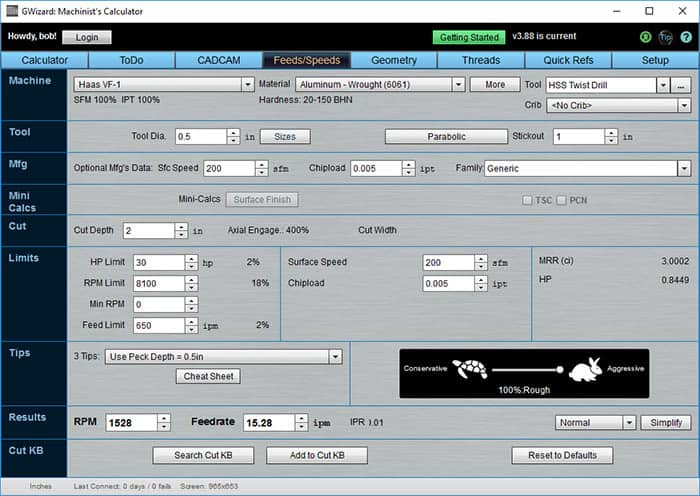 Machining tools, twist drill feeds and speeds, parabolic MRR.