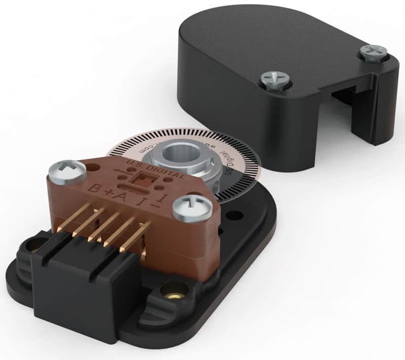 Optical shaft encoder featuring light source, photodetector, and encoding disk.