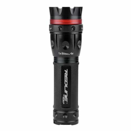 Black flashlight with red band, 1x LED text, textured grip, and NEBO REDLINE branding.