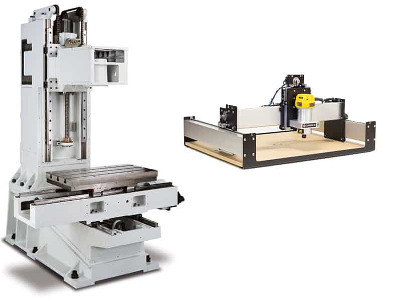 Large metalworking machines on a white background with components and parts visible.