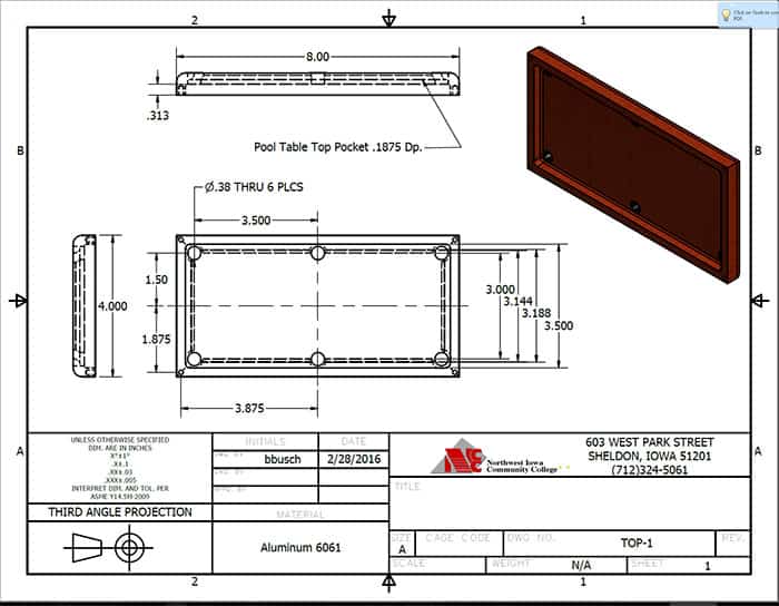Technical drawing of a pool table top with measurements and specifications.