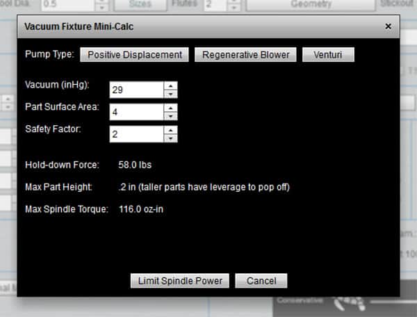 Vacuum fixture mini calculator with various settings and input fields.