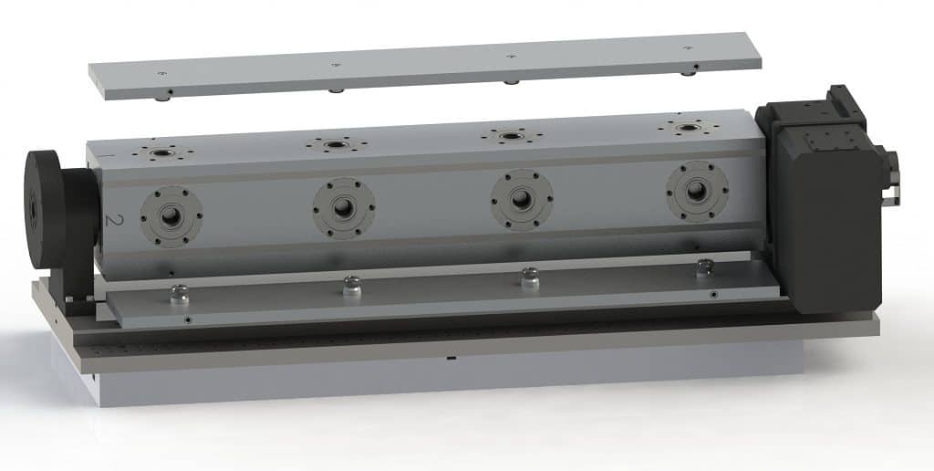 A 3D rendered trunnion for a fourth-axis machine with an aluminum base and a black cylindrical component.