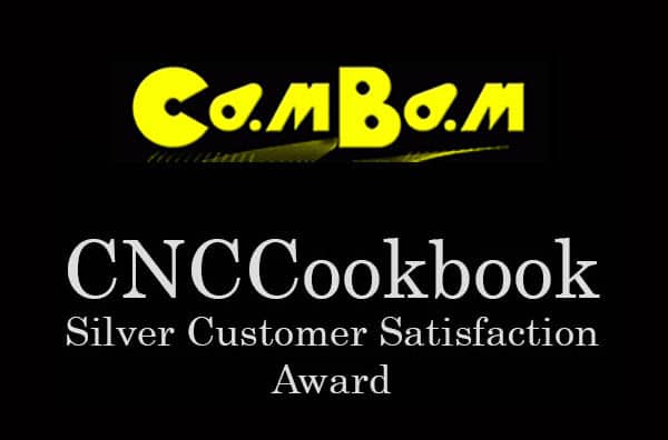 CNCCookbook Silver Customer Satisfaction Award badge with CNC machining background.