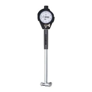 Dial bore gauge with black case and white face, featuring a silver stem and circular measuring mechanism.