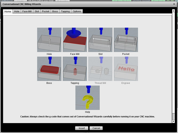 Conversational CNC Milling Wizards tool on CNCCookbook.com website with menu options for machining operations and a warning message.