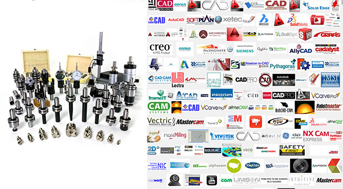 Various 3D CAD/CAM software and machining tool logos.