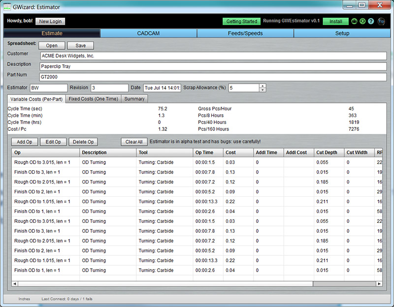 GWizard Estimator home page with spreadsheet interface and tabs for Estimate, CAD/CAM, and Feeds/Speeds.