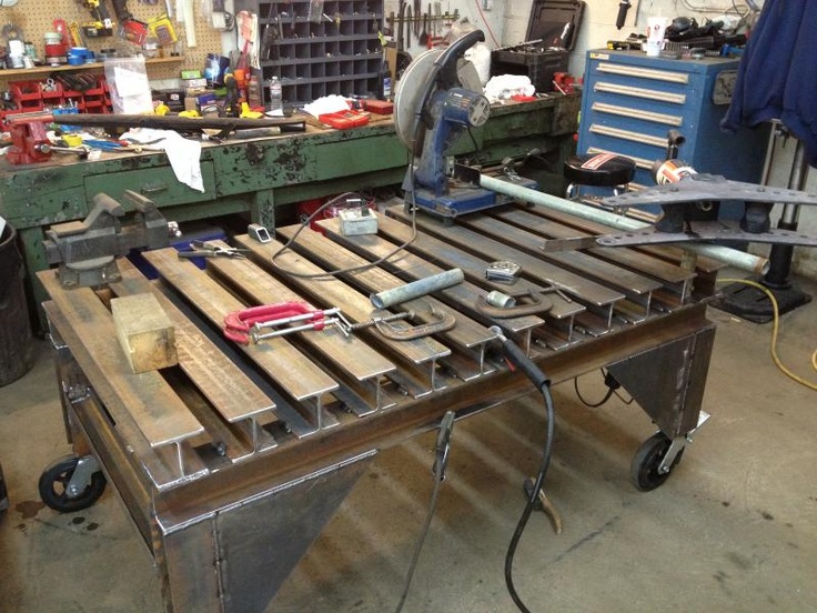 Cluttered workshop with metal beams, tools, and machinery.