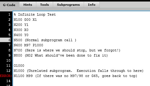 G-Code error message with highlighted lines.