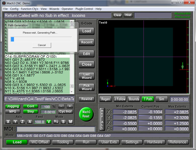 Mach3 CNC control software interface with path generation dialog box open.