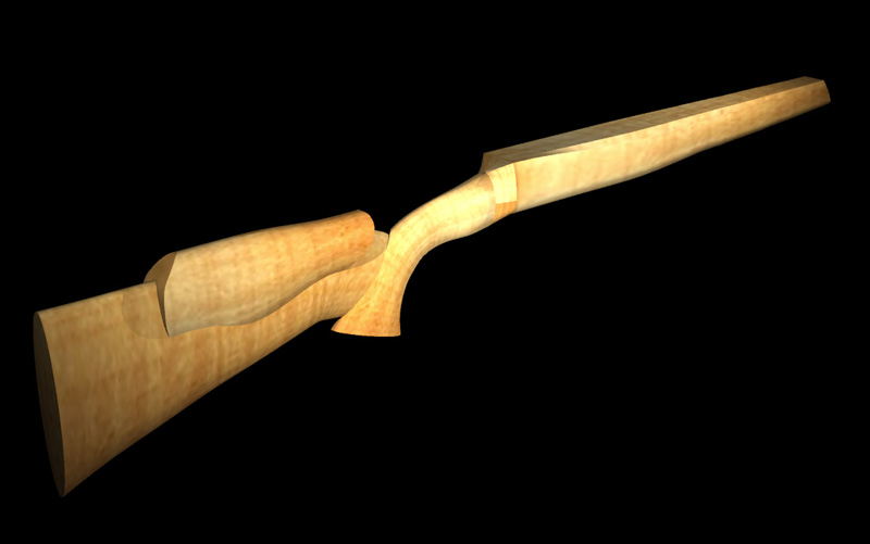 3D rendering of a maple wood rifle stock with detailed design and craftsmanship.
