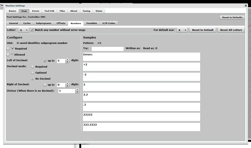 Screenshot of CNCCookbook.com's Machine Settings page with post processor configuration interface.