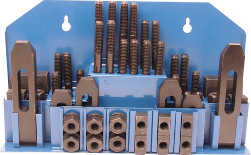 Blue metal clamp set with assorted bolts and nuts.
