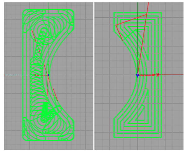 Green CAD outlines on gray grid with red and blue accents.