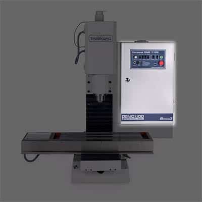 A CNC milling machine controller with a control panel featuring buttons and lights, set against a gray background.