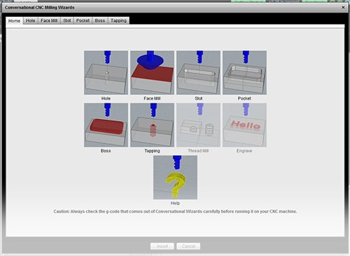 CNC Conversational Wizard screenshot with grid of icons.
