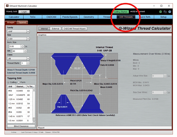 G-Wizard thread calculator on CNCCookbook.com website.