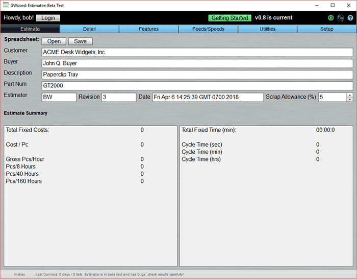 Machining estimate summary table on CNCCookbook.com.