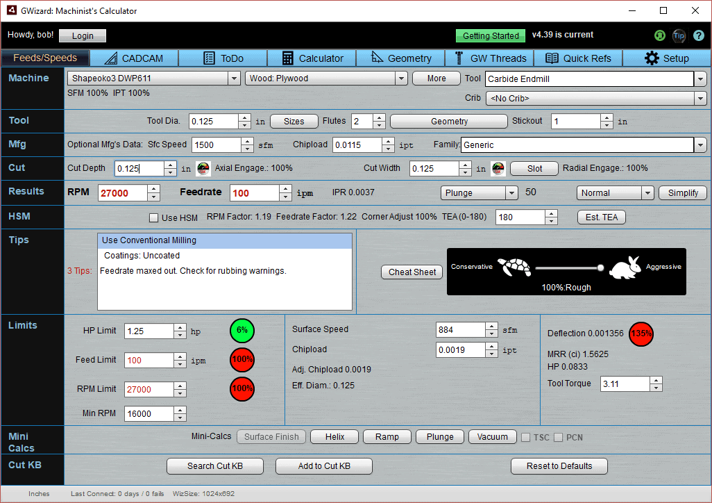 Machining calculator tool on CNCCookbook.com with customizable tabs and input fields.