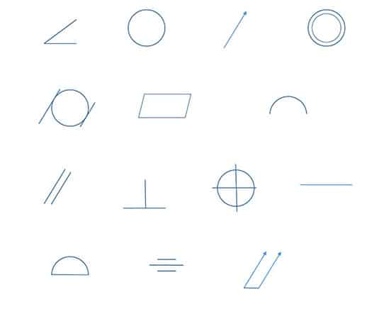 Simple line drawings: circles, rectangles, arcs, lines, geometric shapes.