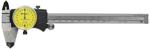Precision measuring tool with yellow dial and black handle.