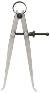 Black circular handle on caliper with two long metal arms meeting at a joint.