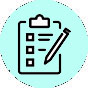 Light green circle with a black clipboard and pencil inside.