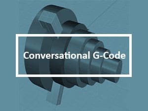 Blue background, white speaker icon, text: Conversational G-Code.