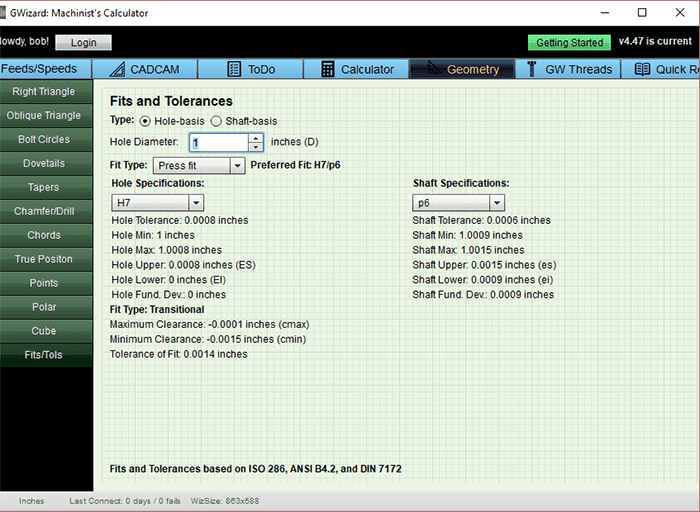 Calculator tool with ISO 286, ANSI B4.2, and DIN 7172 fit options.