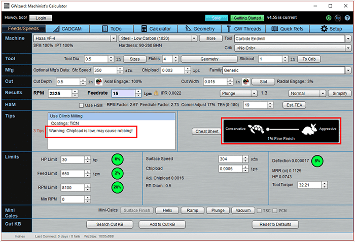 Machinist's Calculator screenshot from CNCCookbook.com.