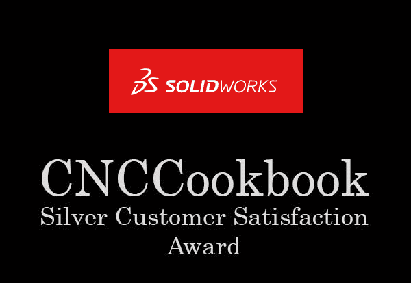 Red rectangle with white "SOLIDWORKS" logo and gray "CNCCookbook Silver Customer Satisfaction Award" text on a black background.