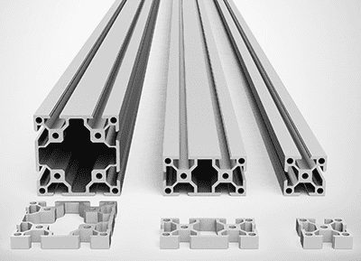 Gray aluminum extrusion with open profile.