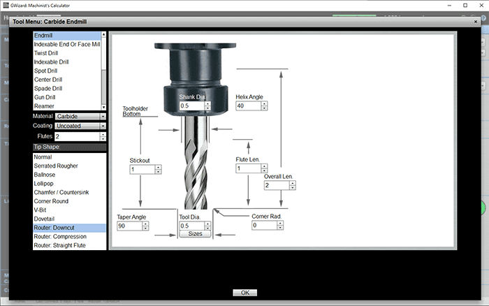 Carbide endmill tool menu screenshot with labeled diagram and options.