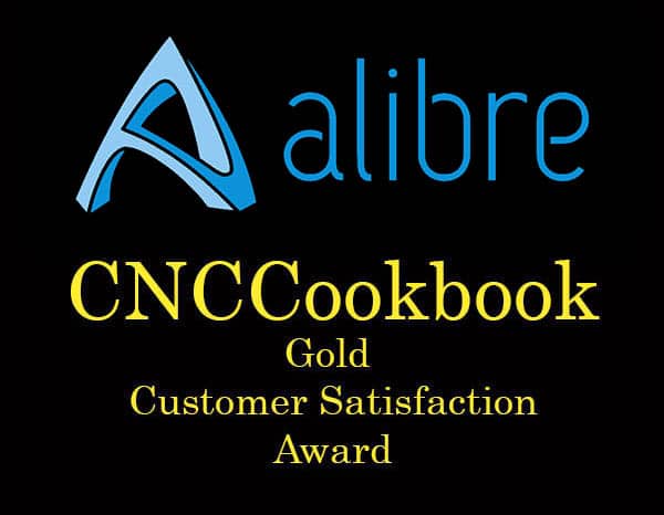 Gold seal with bold, golden text "CNCCookbook Gold Customer Satisfaction Award" and stylized "A" logo on black background.