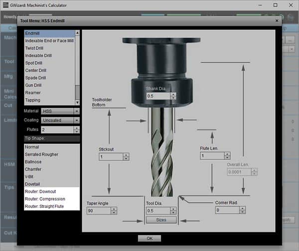 Machining software tool menu with CNC router cutter bit diagram.