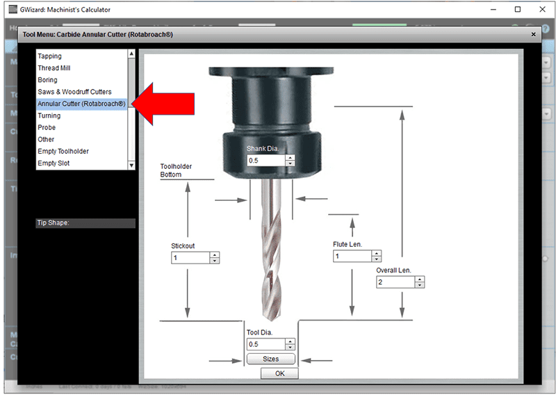 Machining tool menu with Annular Cutter (Rotabroach) and tapping options.