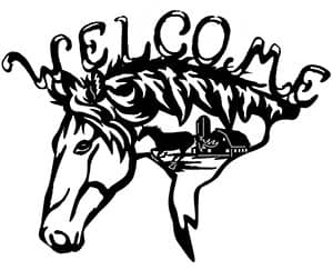 Stylized horse head with flowing mane, bold lines, and subtle gradient effect, featuring a decorative "Welcome" banner above.