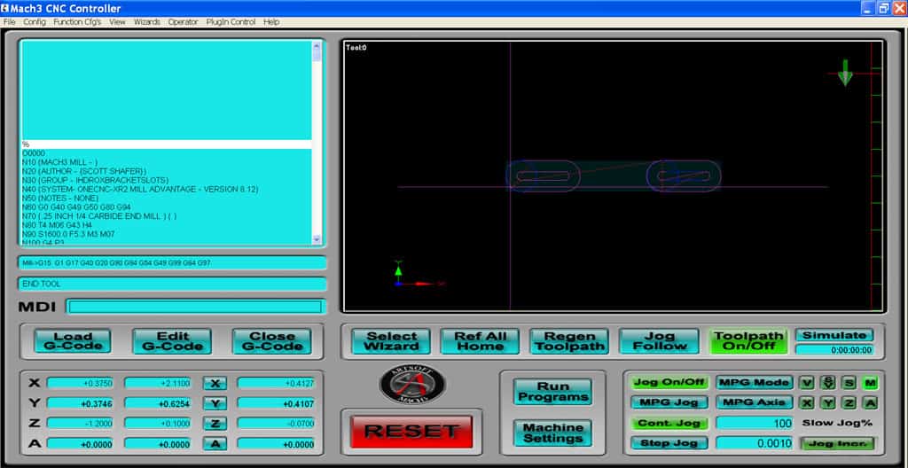 CNC software control panel with buttons, menus, and windows.