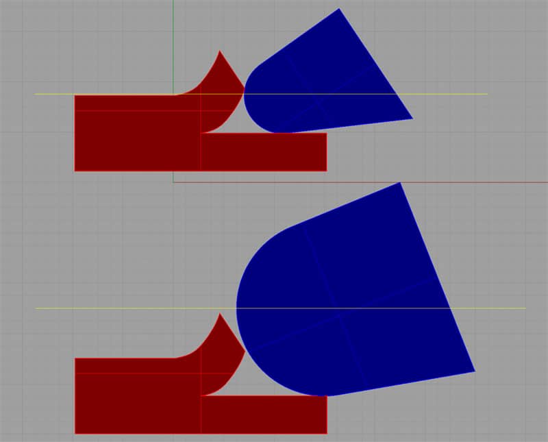 Blue shapes with rounded edges on a gray background illustrating cut edge radius concept.