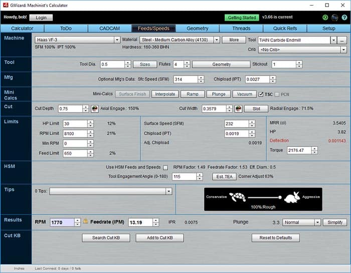 Machining program interface with columns of data and input fields.
