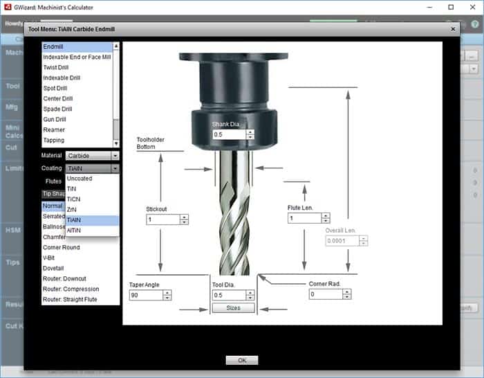 Machining tool menu with configuration settings.