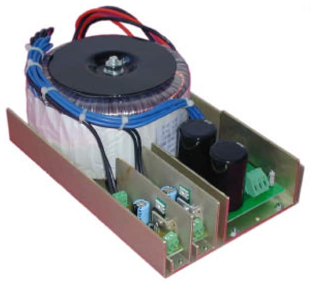 A compact rectangular power supply unit on a white background, featuring wires, transformers, and circuit boards.