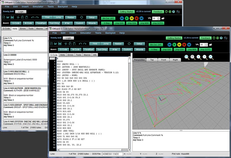 GWizard G-Code Editor software screenshot with code editor, menu bar, and 3D model window.