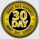 Circular yellow seal with 30 DAY MONEY BACK GUARANTEE text in bold black font on a light gray background.