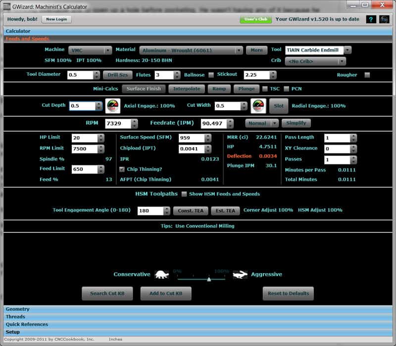 Machinists calculator with feeds and speeds data.