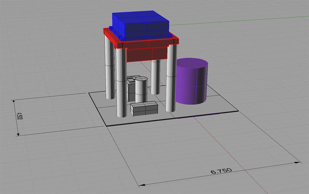 Three-dimensional rendering of an axis module with a central pillar and four legs.