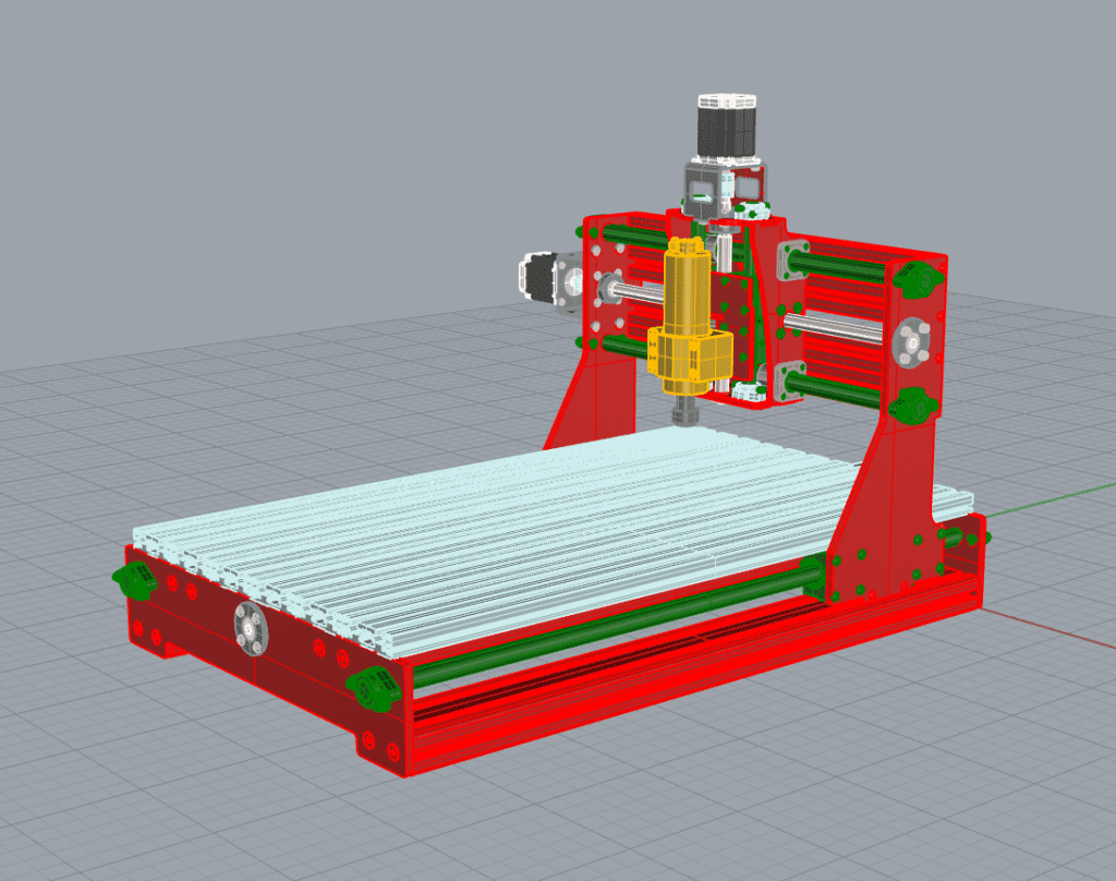 Red and green CNC machine with white platform on gray background.